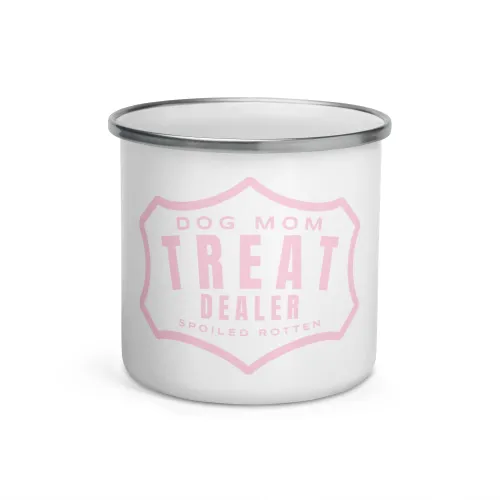 Dog Mom Treat Dealer Enamel Camp Mug, Spoiled Rotten Outdoor Cup - 12 oz - White