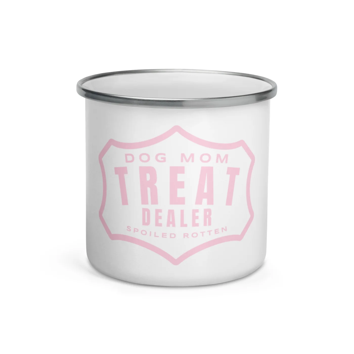 Dog Mom Treat Dealer Enamel Camp Mug, Spoiled Rotten Outdoor Cup