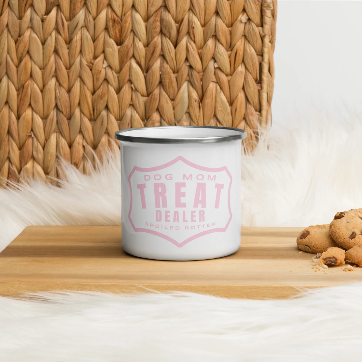Dog Mom Treat Dealer Enamel Camp Mug, Spoiled Rotten Outdoor Cup
