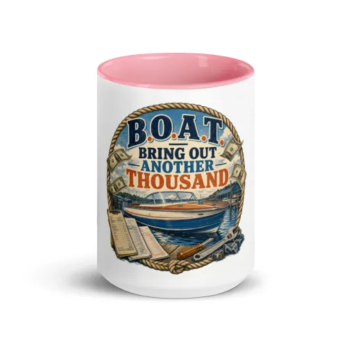 Color Inside Boat Mug, B.O.A.T. - Bring Out Another Thousand, Vintage Badge - 15 oz - Pink