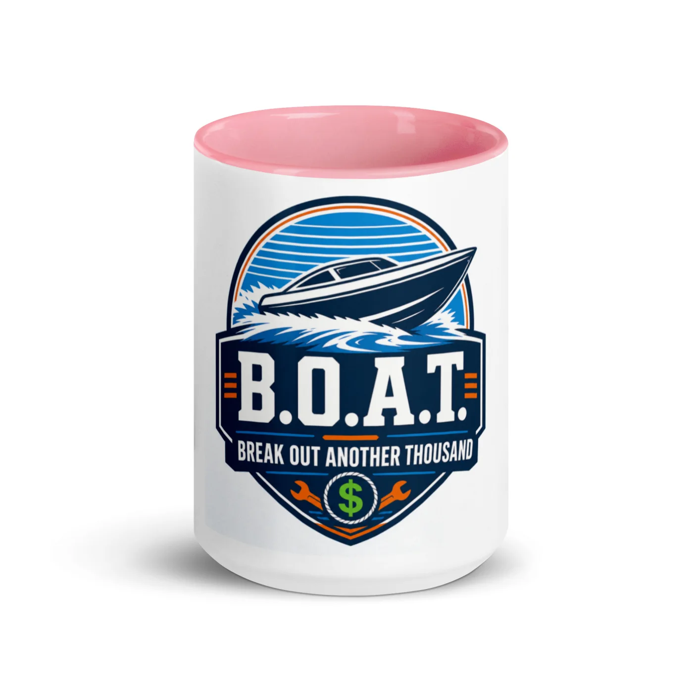 Color Inside Boat Mug, B.O.A.T. - Break Out Another Thousand, Bold Emblem