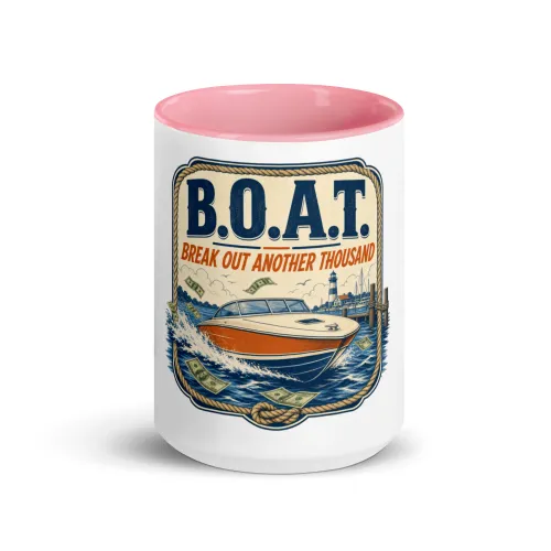 Color Inside Boat Mug, B.O.A.T. - Break Out Another Thousand, Vintage Badge - 15 oz - Pink