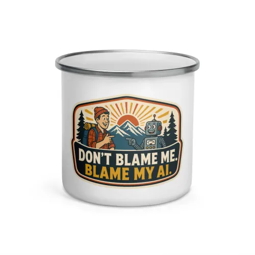 Enamel Camp Mug, Blame Robot, Don't Blame Me, Blame My AI - 12 oz - White