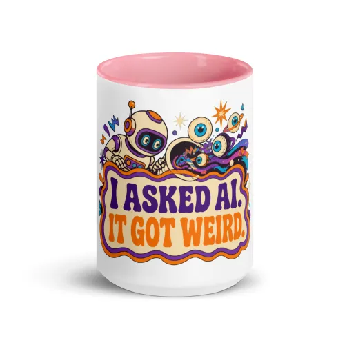 Color Inside Coffee Mug, Portal Robot: I Asked AI It Got Weird - 15 oz - Pink