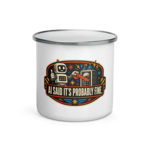 Enamel Camp Mug, Repair Robot: AI Said It's Probably Fine - 12 oz - White