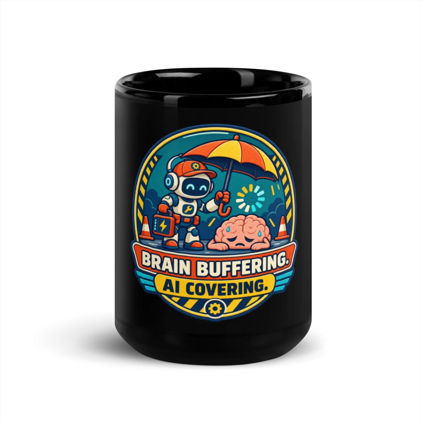 Brain Buffering. AI Covering. - Funny AI Black Glossy Mug, Design B