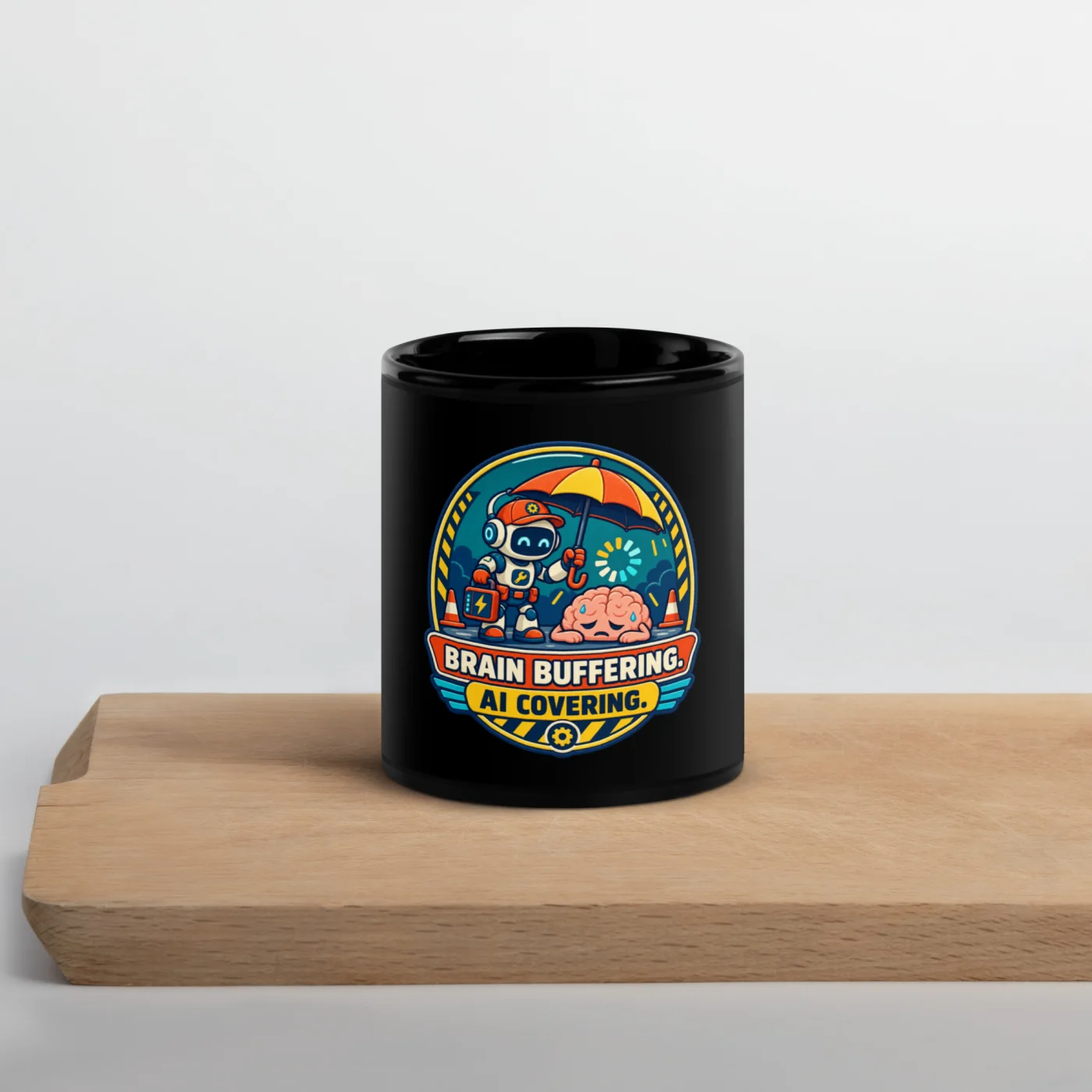 Brain Buffering. AI Covering. - Funny AI Black Glossy Mug, Design B