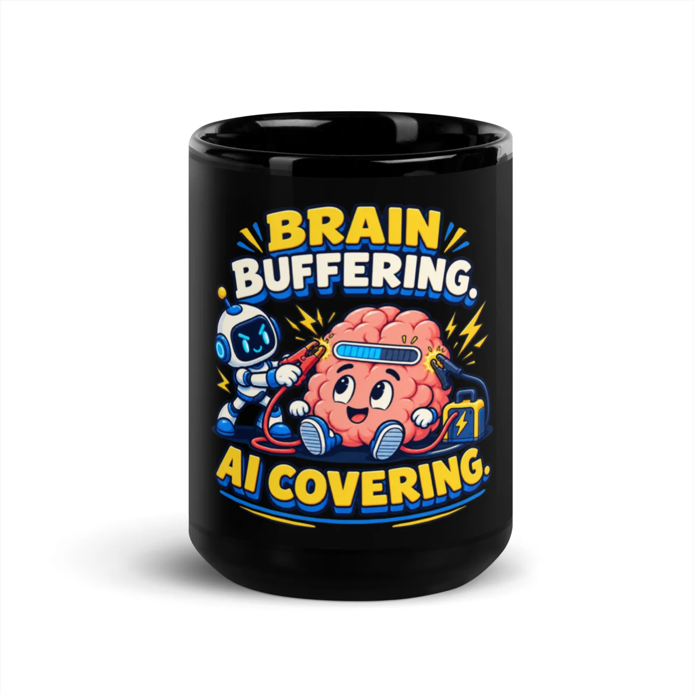 Brain Buffering. AI Covering. - Funny AI Black Glossy Mug, Design A