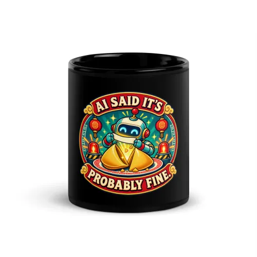 AI Said It's Probably Fine. - Funny AI Black Glossy Mug, Design A - 11 oz - Black