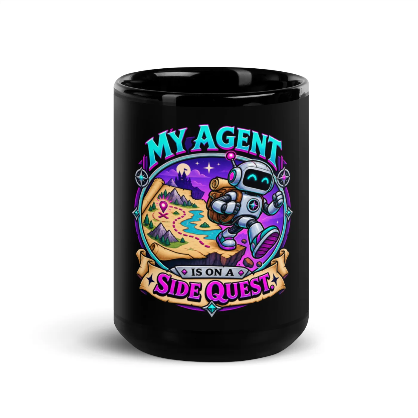 My Agent Is on a Side Quest - Funny AI Black Glossy Mug, Design B