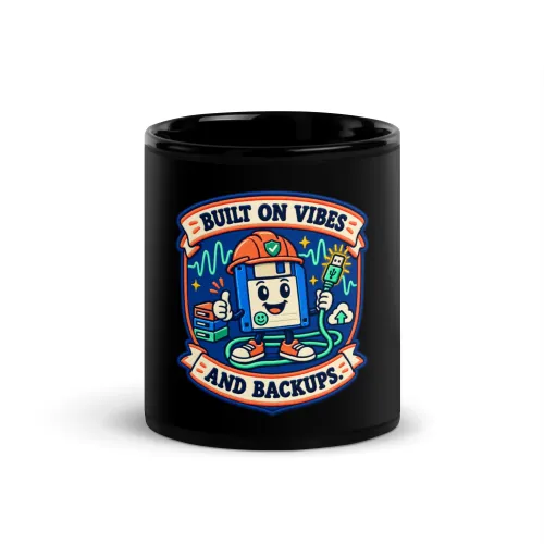 Built on Vibes and Backups - Funny AI Black Glossy Mug, Design B - 11 oz - Black