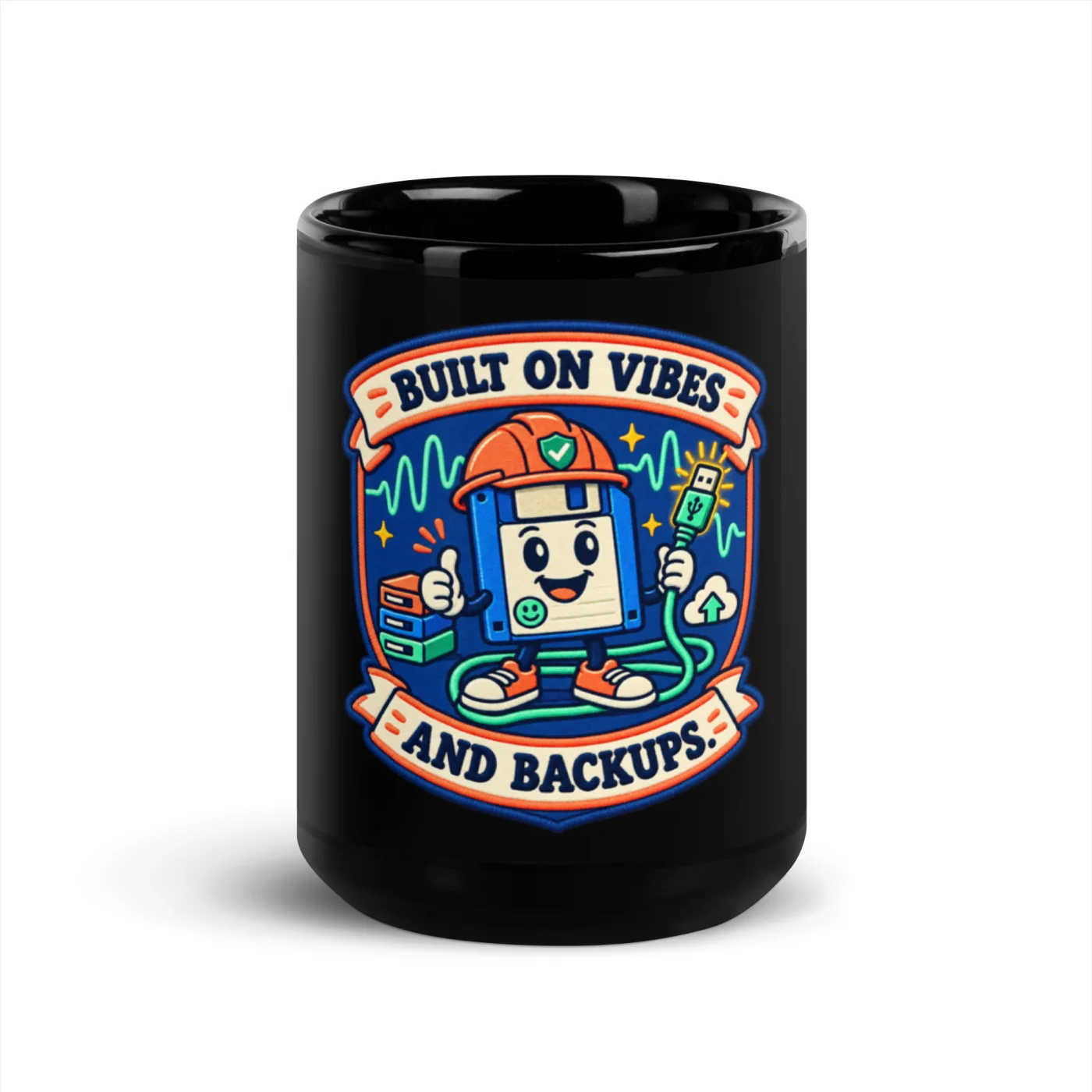 Built on Vibes and Backups - Funny AI Black Glossy Mug, Design B