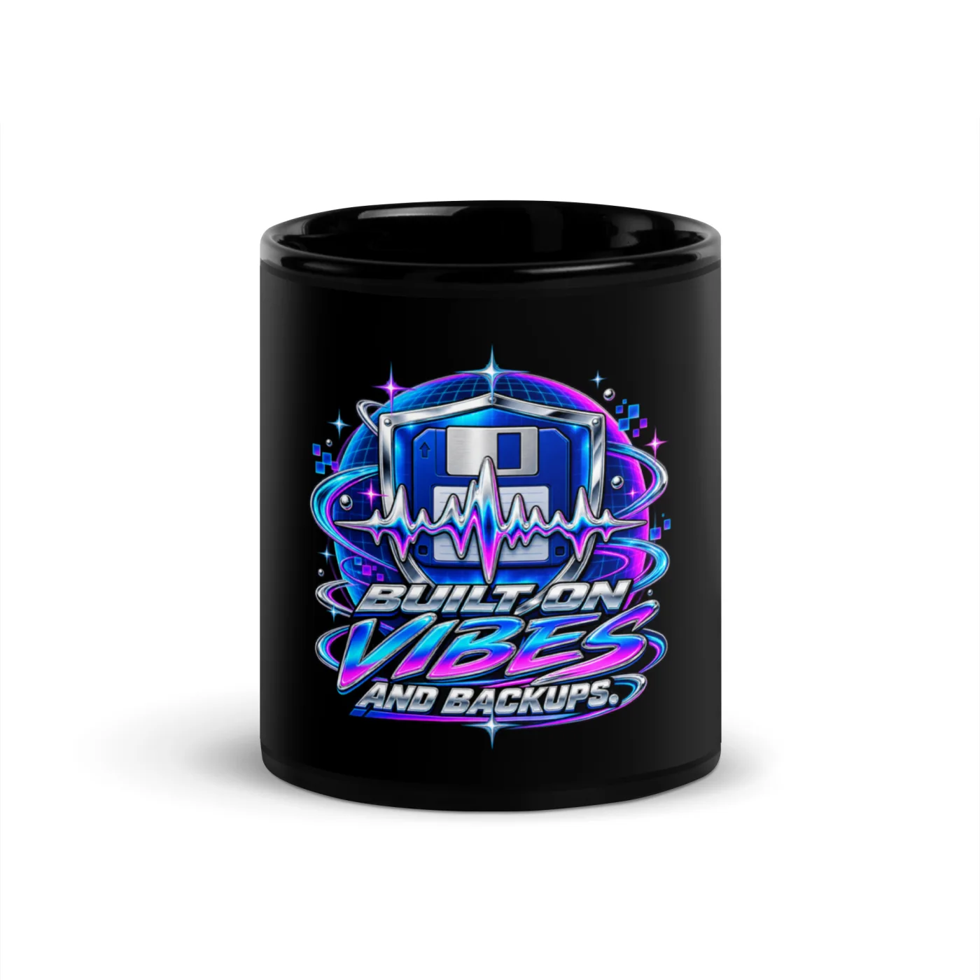 Built on Vibes and Backups - Funny AI Black Glossy Mug, Design A
