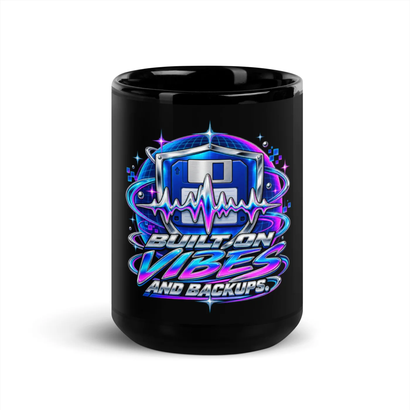 Built on Vibes and Backups - Funny AI Black Glossy Mug, Design A