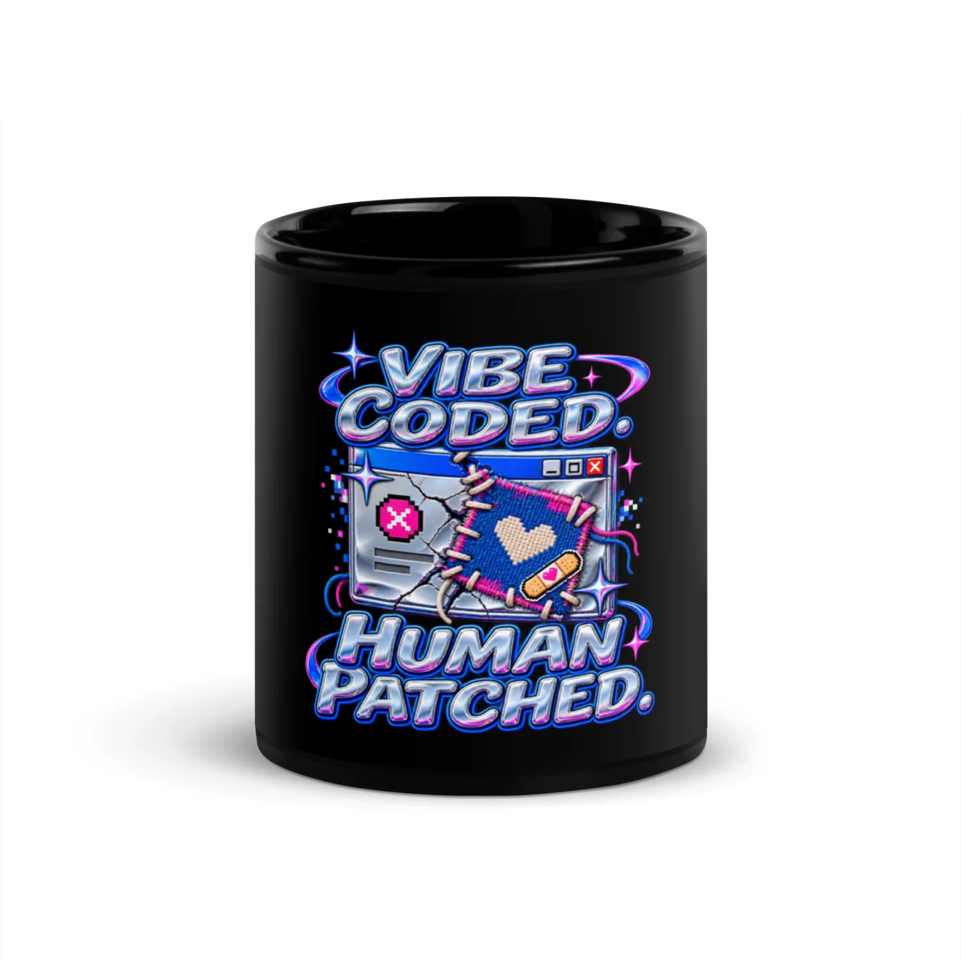 Vibe Coded. Human Patched. - Funny AI Black Glossy Mug, Design A