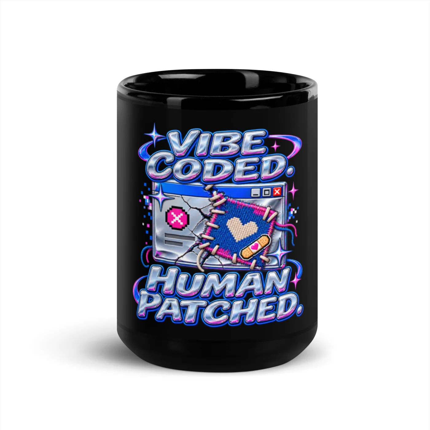Vibe Coded. Human Patched. - Funny AI Black Glossy Mug, Design A