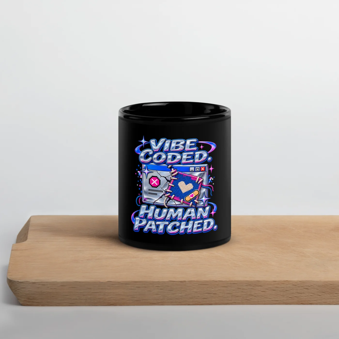 Vibe Coded. Human Patched. - Funny AI Black Glossy Mug, Design A