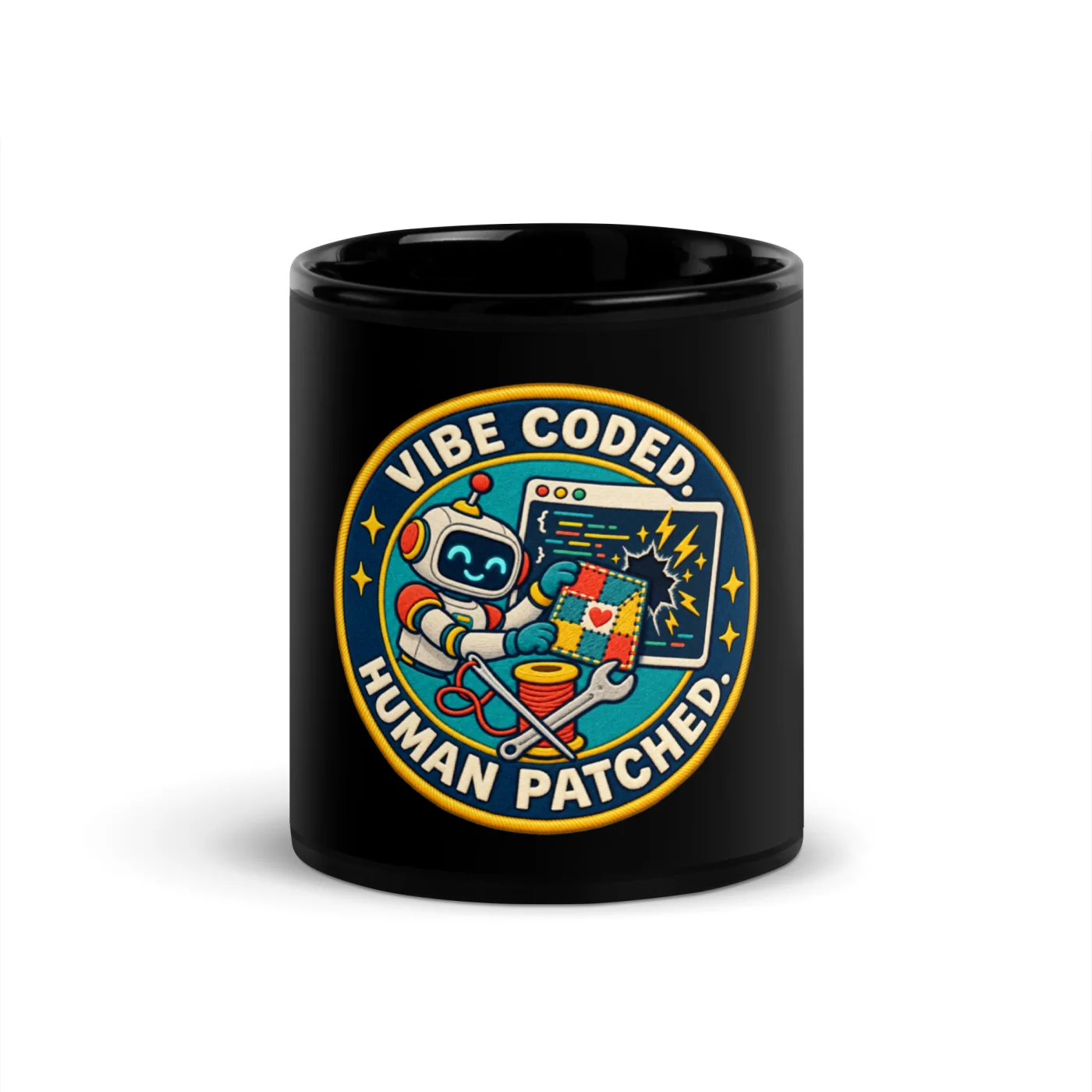 Vibe Coded. Human Patched. - Funny AI Black Glossy Mug, Design B