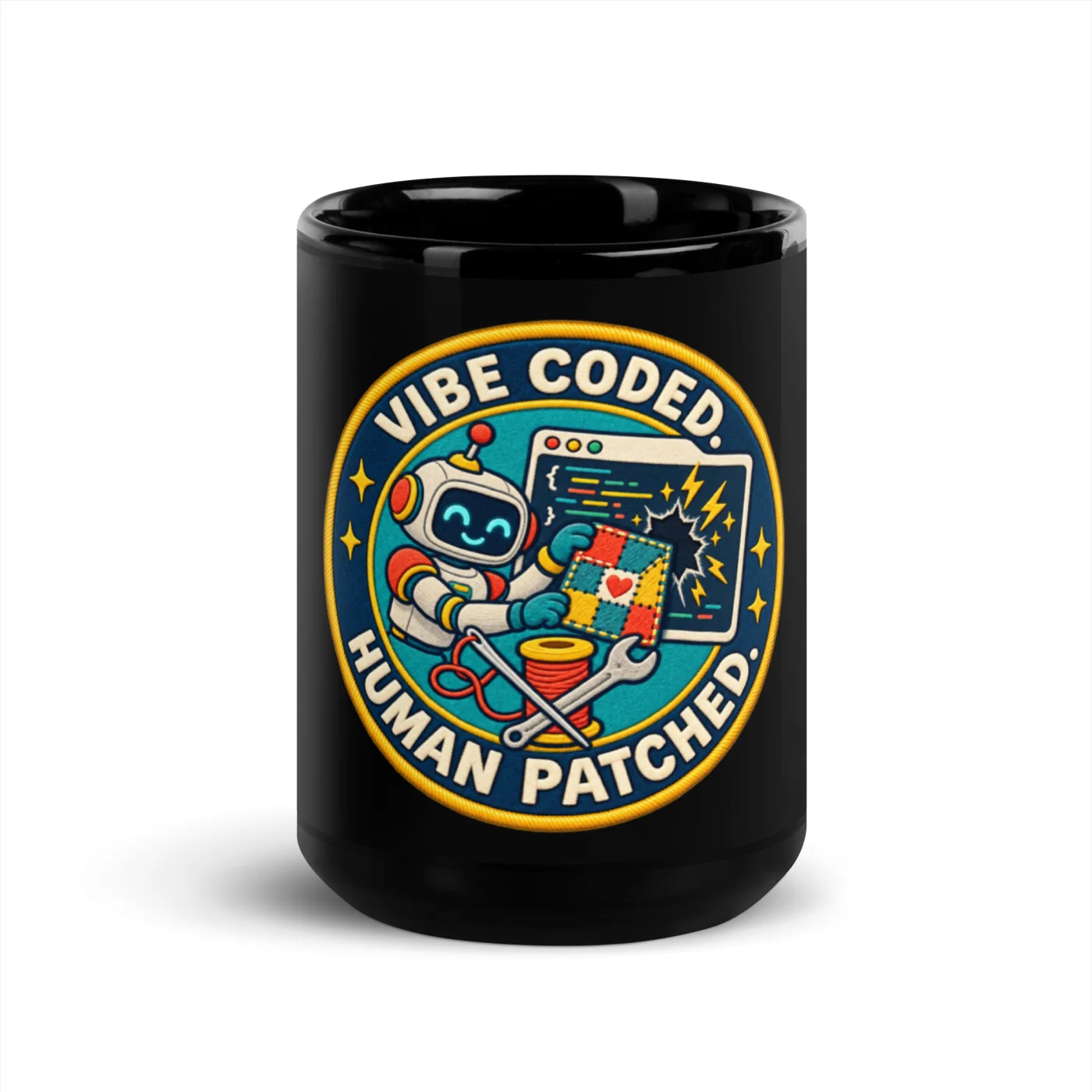 Vibe Coded. Human Patched. - Funny AI Black Glossy Mug, Design B