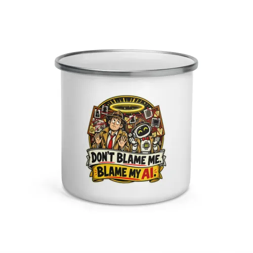 Don't Blame Me. Blame My AI. - Funny AI Enamel Camp Mug, Design A - 12 oz - White