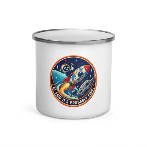 AI Said It's Probably Fine. - Funny AI Enamel Camp Mug, Design B - 12 oz - White