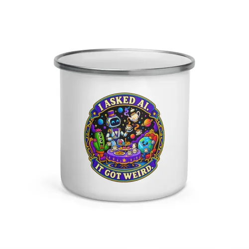 I Asked AI. It Got Weird. - Funny AI Enamel Camp Mug, Design B - 12 oz - White
