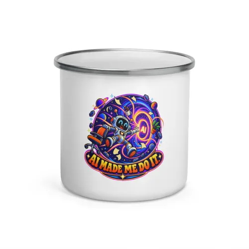AI Made Me Do It. - Funny AI Enamel Camp Mug, Design B - 12 oz - White