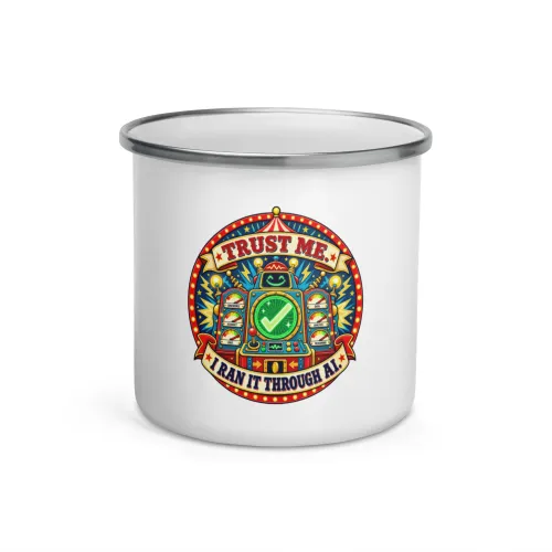 Trust Me. I Ran It Through AI. - Funny AI Enamel Camp Mug, Design B - 12 oz - White