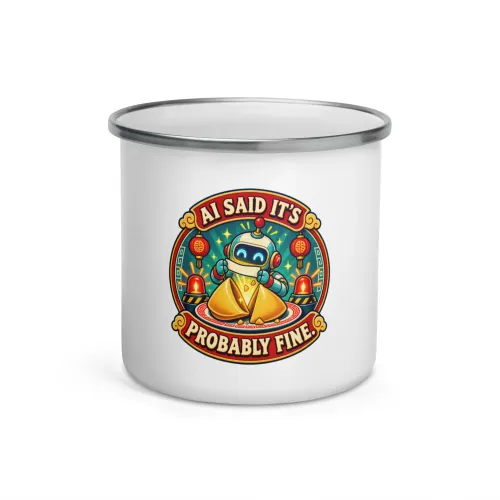 AI Said It's Probably Fine. - Funny AI Enamel Camp Mug, Design A - 12 oz - White