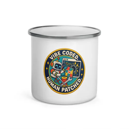 Vibe Coded. Human Patched. - Funny AI Enamel Camp Mug, Design B - 12 oz - White