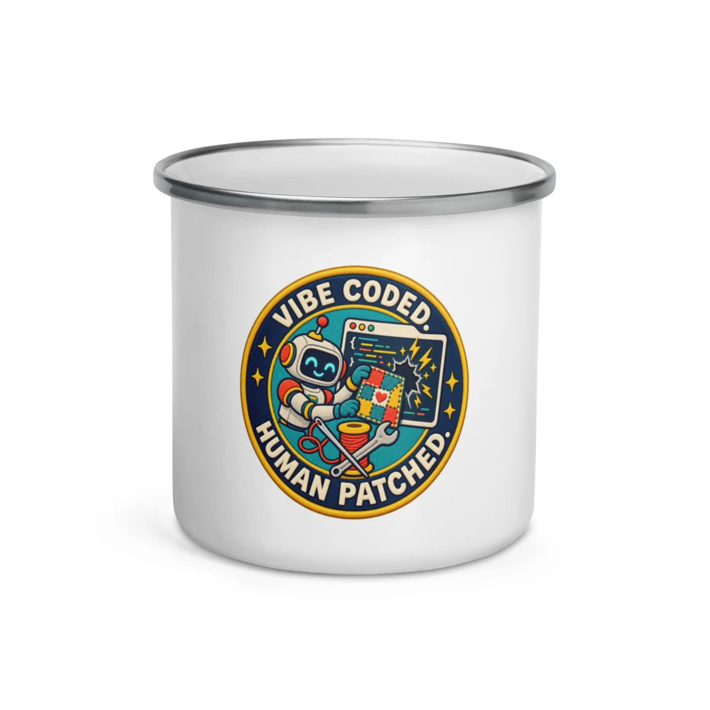 Vibe Coded. Human Patched. - Funny AI Enamel Camp Mug, Design B