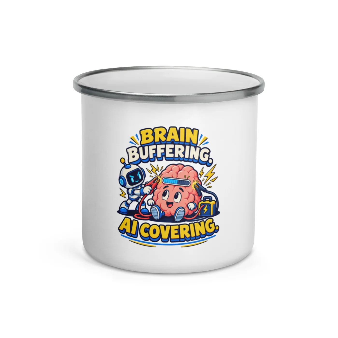 Brain Buffering. AI Covering. - Funny AI Enamel Camp Mug, Design A
