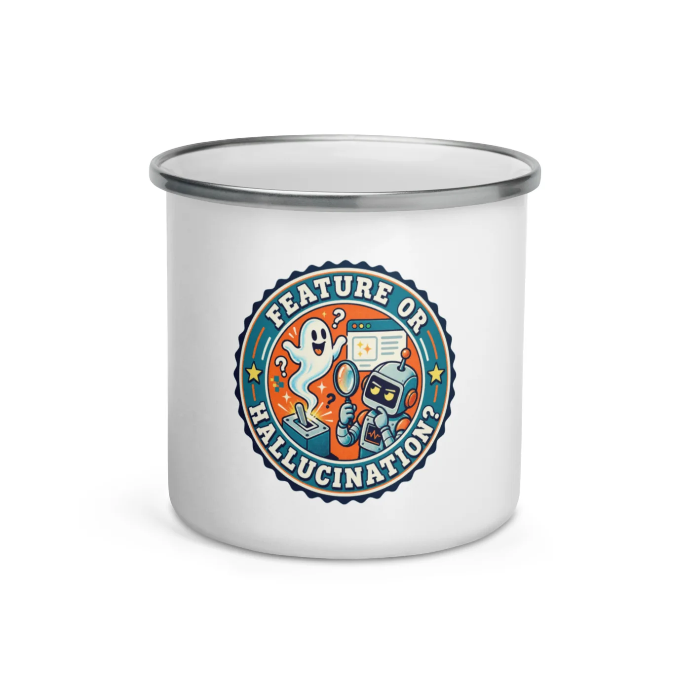 Feature or Hallucination? - Funny AI Enamel Camp Mug, Design B