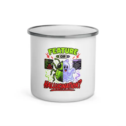 Feature or Hallucination? - Funny AI Enamel Camp Mug, Design A - 12 oz - White