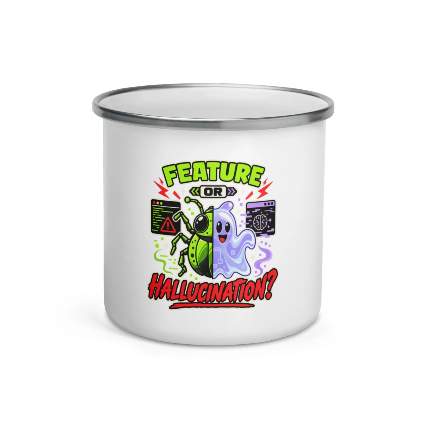 Feature or Hallucination? - Funny AI Enamel Camp Mug, Design A
