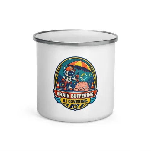 Brain Buffering. AI Covering. - Funny AI Enamel Camp Mug, Design B - 12 oz - White