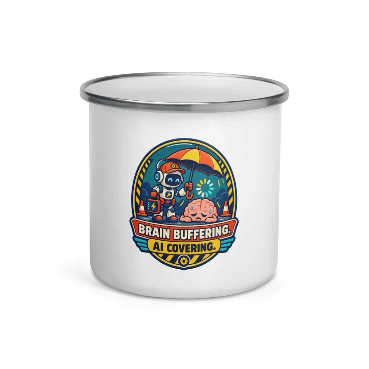 Brain Buffering. AI Covering. - Funny AI Enamel Camp Mug, Design B