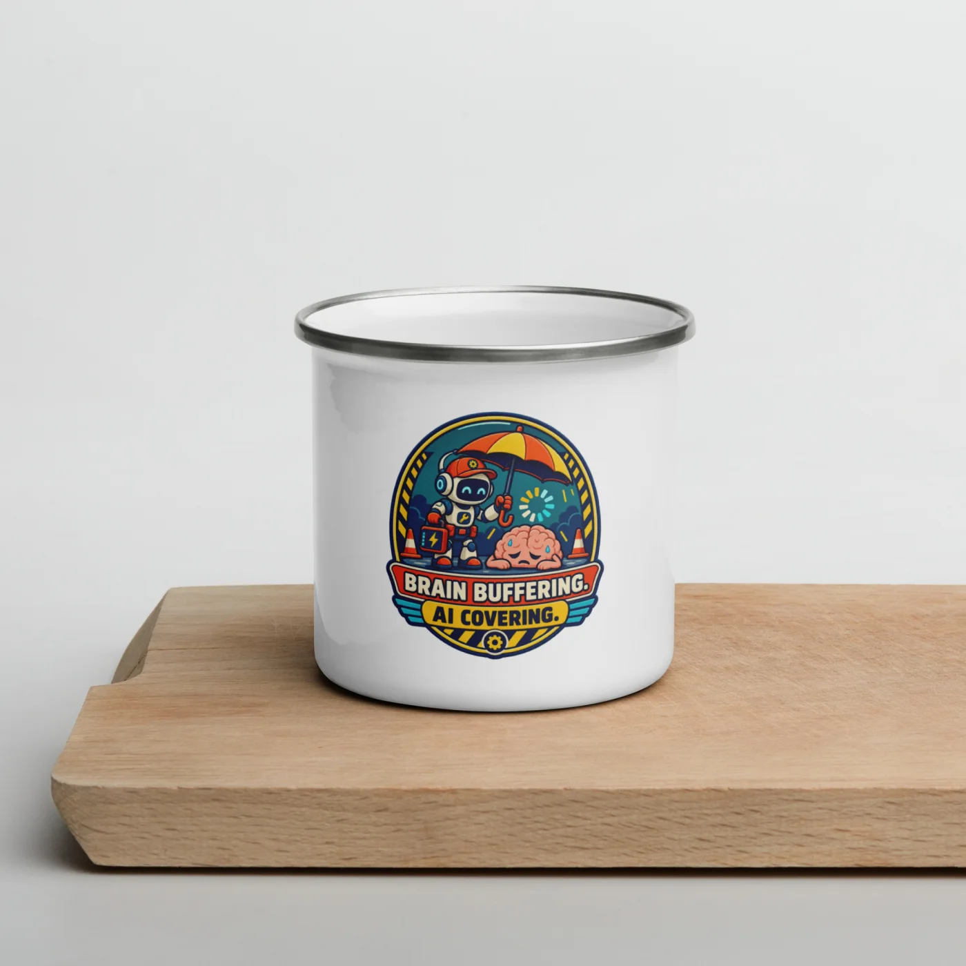 Brain Buffering. AI Covering. - Funny AI Enamel Camp Mug, Design B