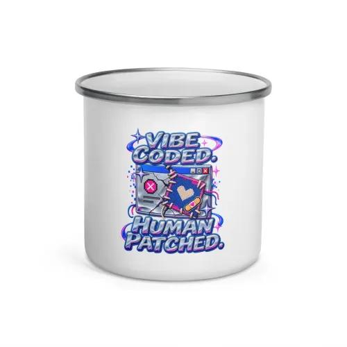 Vibe Coded. Human Patched. - Funny AI Enamel Camp Mug, Design A - 12 oz - White