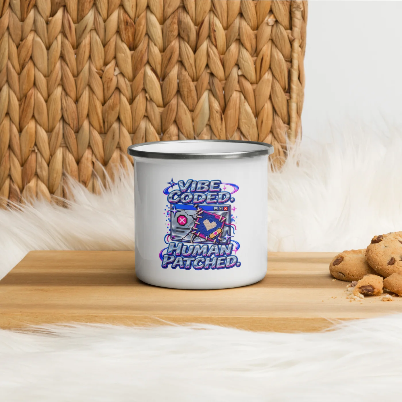 Vibe Coded. Human Patched. - Funny AI Enamel Camp Mug, Design A