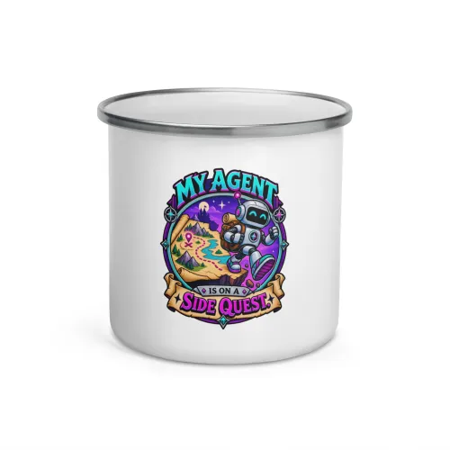 Built on Vibes and Backups - Funny AI Enamel Camp Mug, Design B - 12 oz - White