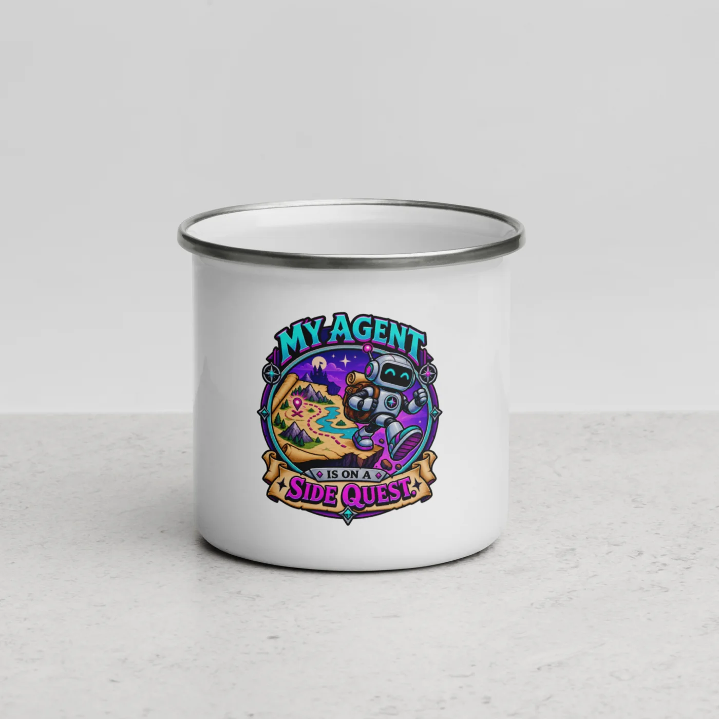 Built on Vibes and Backups - Funny AI Enamel Camp Mug, Design B