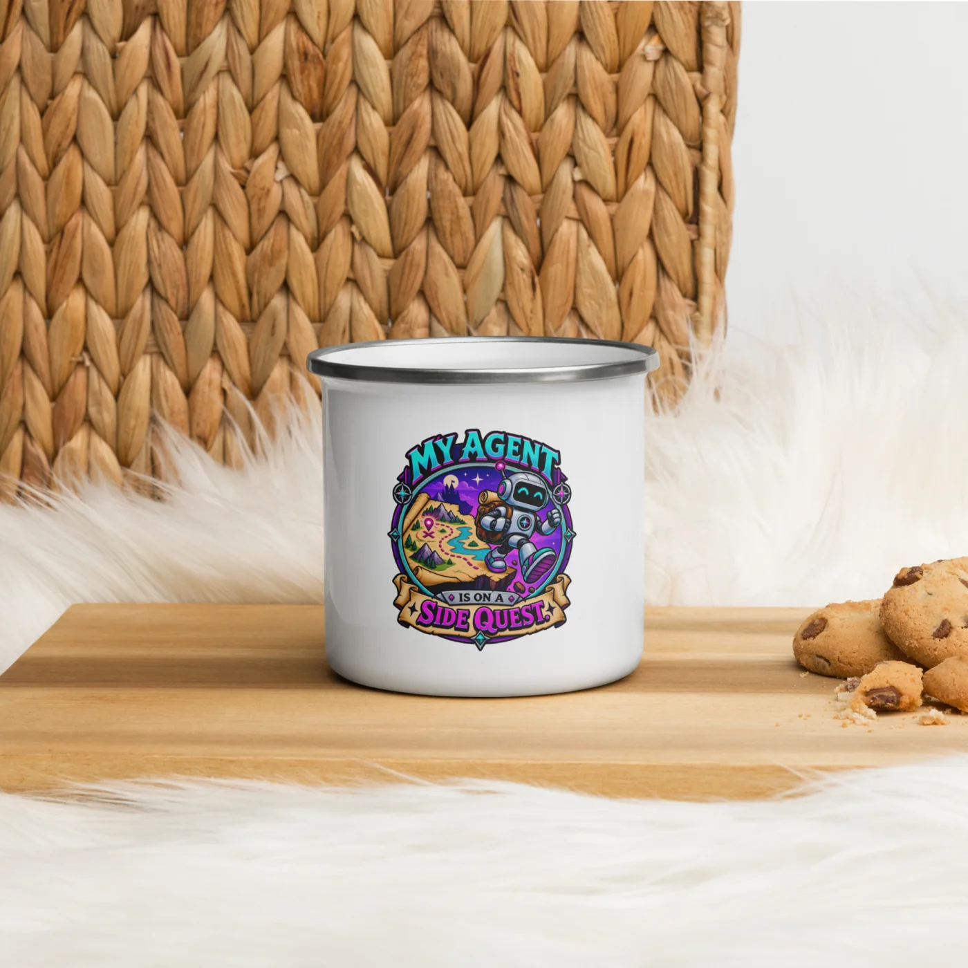 Built on Vibes and Backups - Funny AI Enamel Camp Mug, Design A