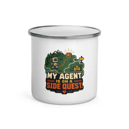 My Agent Is on a Side Quest - Funny AI Enamel Camp Mug, Design A - 12 oz - White