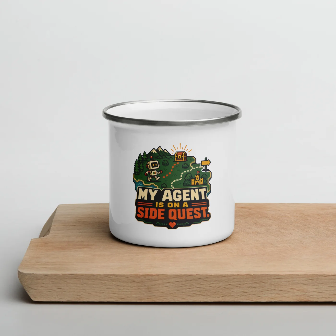My Agent Is on a Side Quest - Funny AI Enamel Camp Mug, Design A