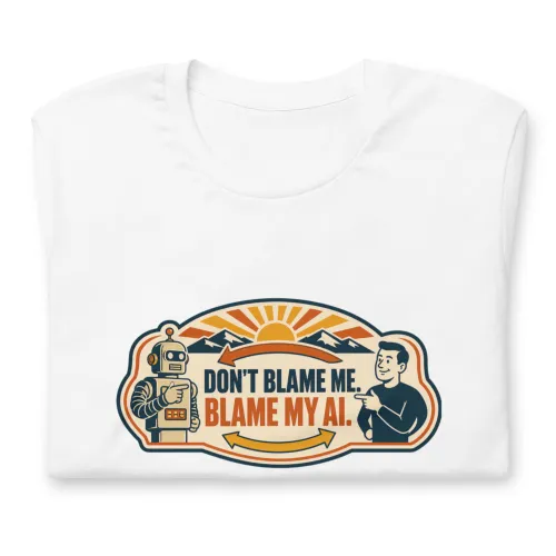 Funny AI T-Shirt, Retro Robot: Don't Blame Me. Blame My AI. - 5XL - White