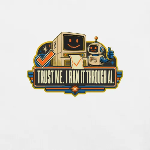 Funny AI T-Shirt, Retro Robot: Trust Me. I Ran It Through AI. - 5XL - White
