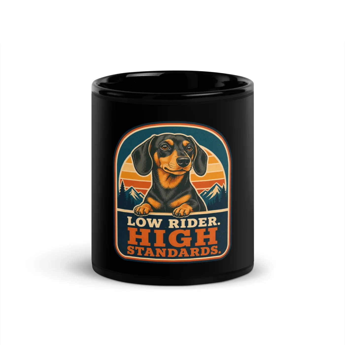 Black Coffee Mug, Dachshund Gift: Low Rider. High Standards.