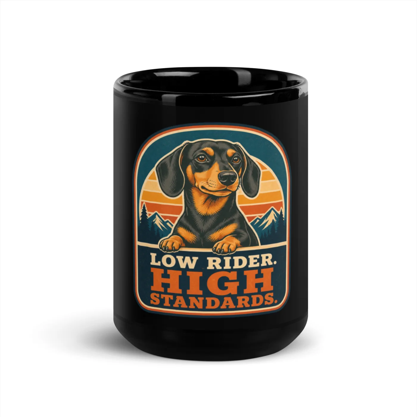 Black Coffee Mug, Dachshund Gift: Low Rider. High Standards.