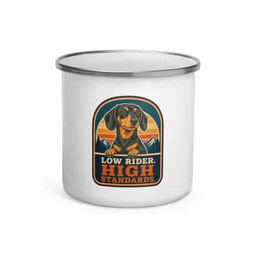 Enamel Camp Mug, Dachshund Gift: Low Rider. High Standards. - 12 oz - White